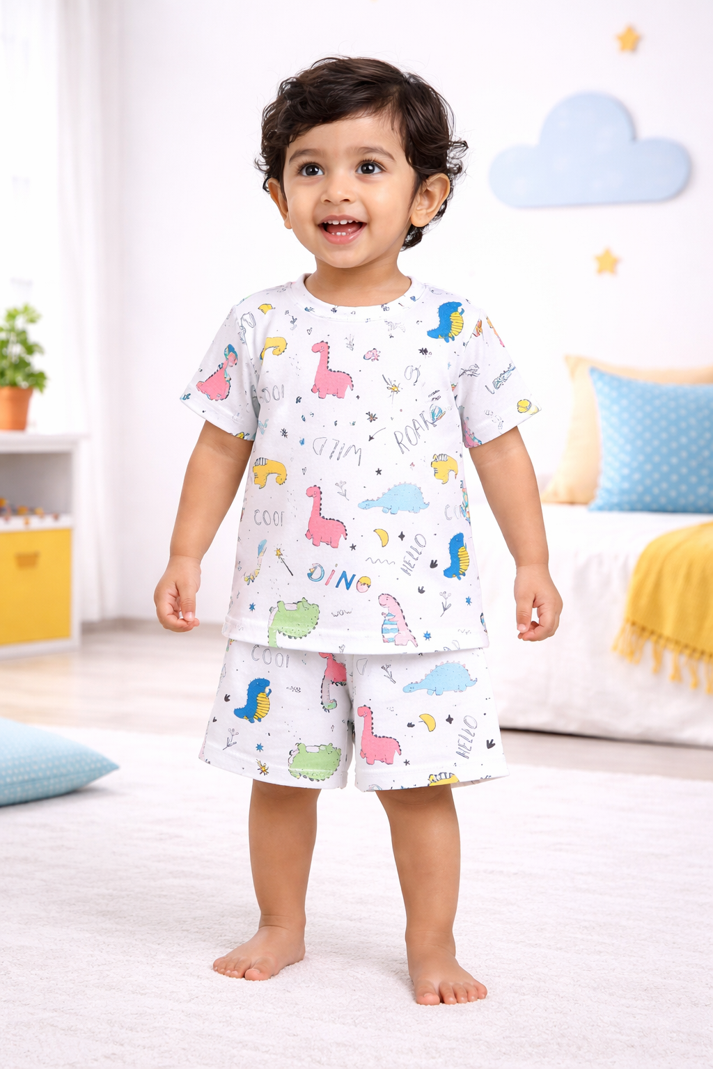 Kids Tshirt and Shorts Combo Set (Cord Set)- White