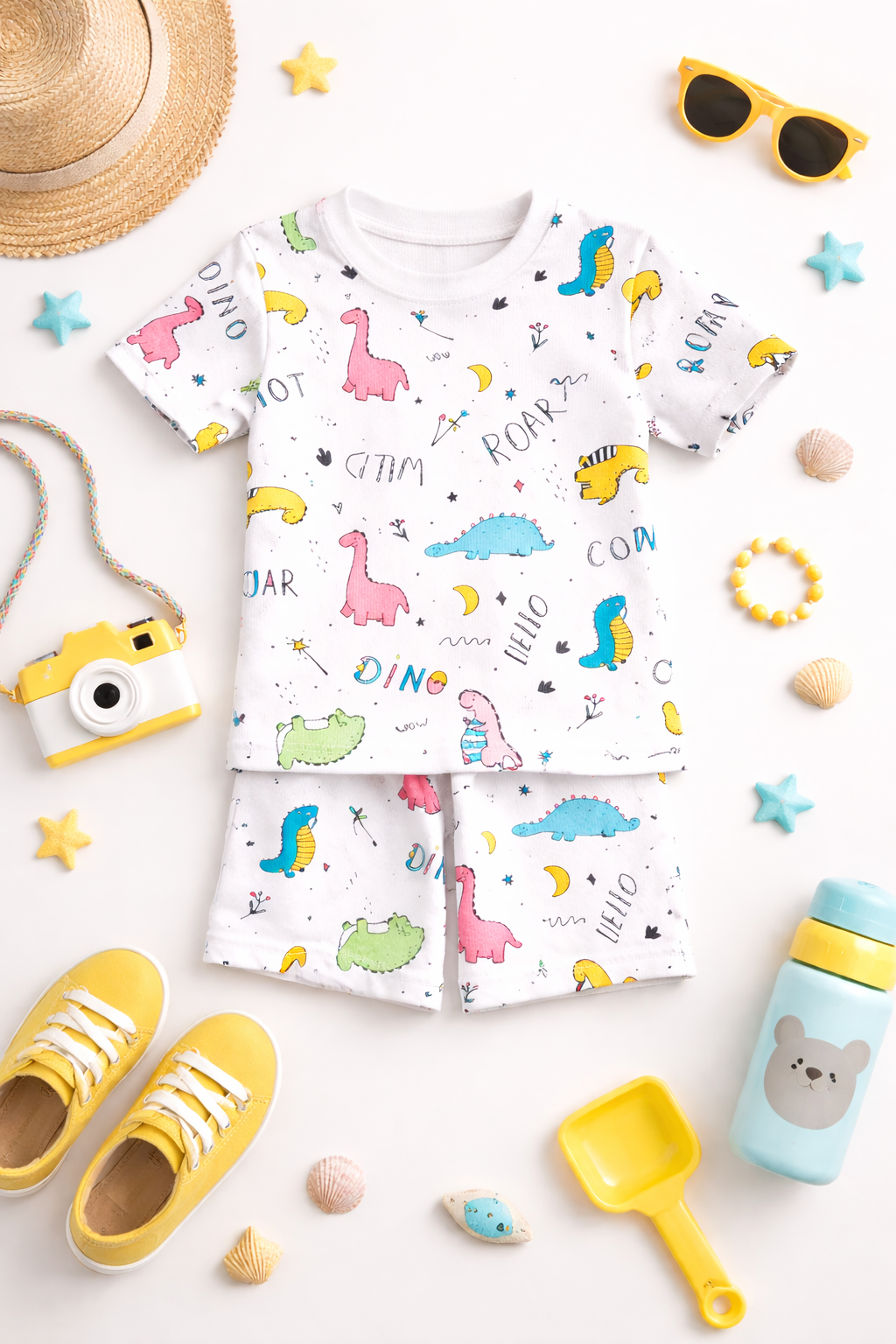 Kids Tshirt and Shorts Combo Set (Cord Set)- White