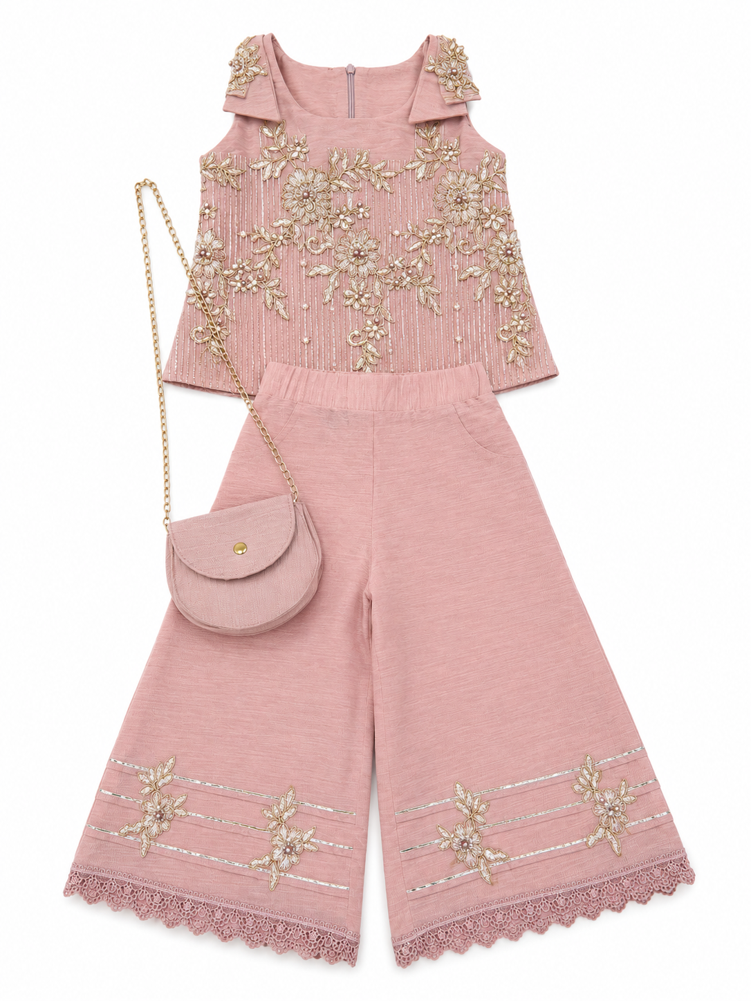 Pastel Pink Premium Embroidered Co-ord Set with Sling