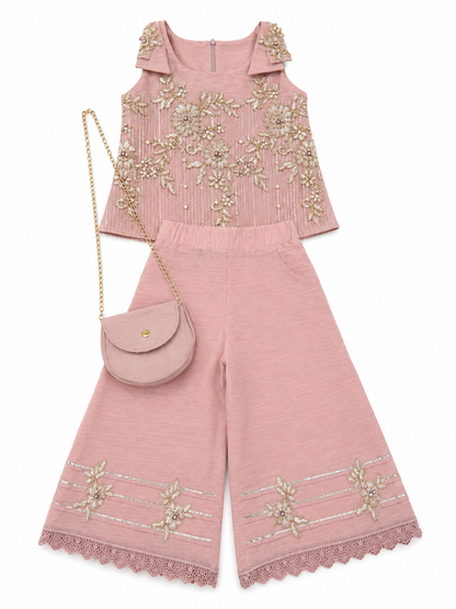 Pastel Pink Premium Embroidered Co-ord Set with Sling