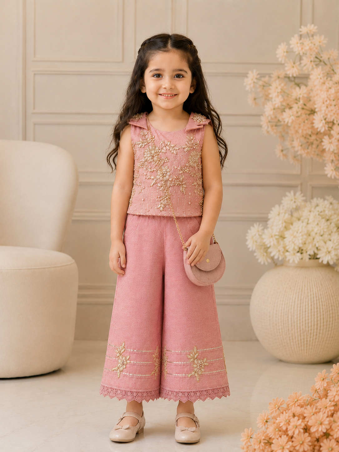 Pastel Pink Premium Embroidered Co-ord Set with Sling