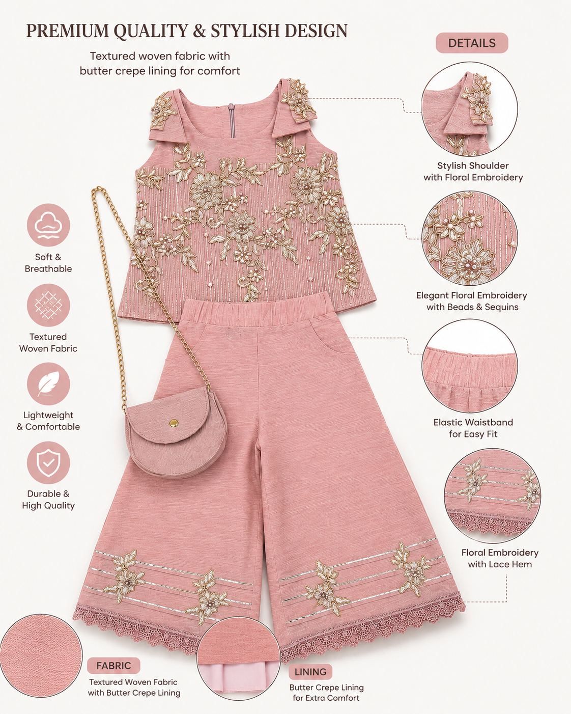 Pastel Pink Premium Embroidered Co-ord Set with Sling