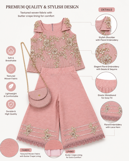Pastel Pink Premium Embroidered Co-ord Set with Sling