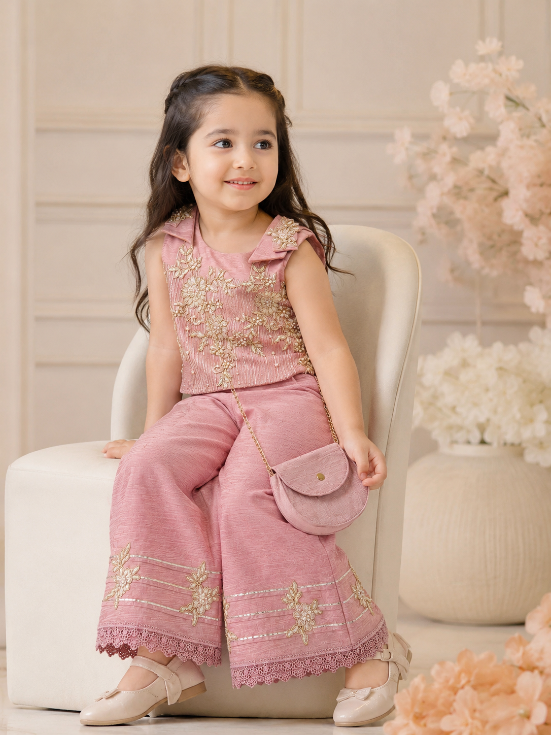Pastel Pink Premium Embroidered Co-ord Set with Sling