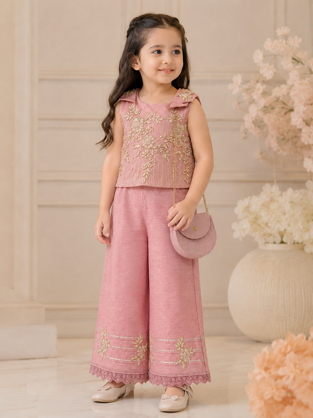 Pastel Pink Premium Embroidered Co-ord Set with Sling