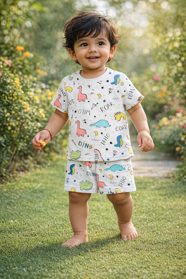 Kids Tshirt and Shorts Combo Set (Cord Set)- White
